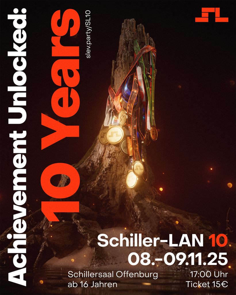 Plakat zur Schiller-LAN 10 mit dem Motto ‚Achievement Unlocked: 10 Years‘. Ein Felsen mit aufgehängten Medaillen steht im Zentrum. Termin: 08.–09.11.2025 im Schillersaal Offenburg, ab 16 Jahren, Beginn 17 Uhr, Eintritt 15 €.